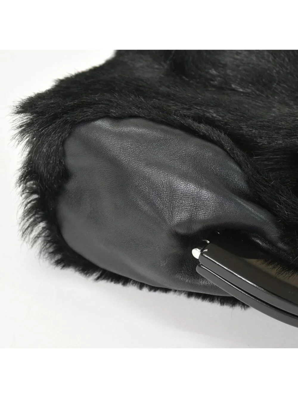 Chanel Plastic Chain Bag CC Logo Goat Fur Leather Black